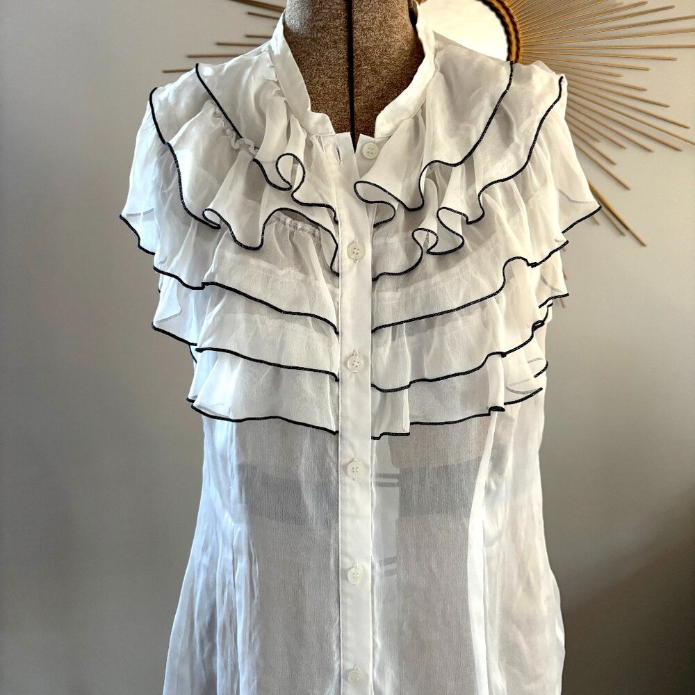 White Ruffle Blouse, black piping detail